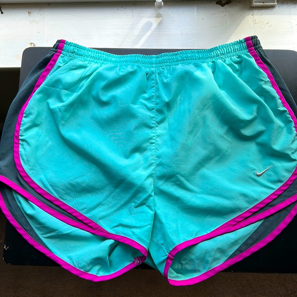 Nike turquoise blue athletic shorts with magenta and dark gray sides. medium